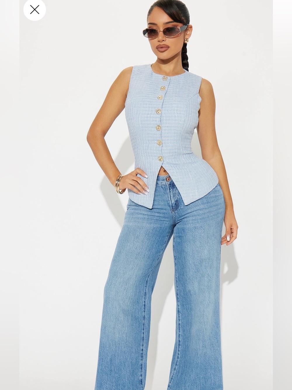 Fashion Nova Exquisite Taste Tweed Vest Blue Gold Button Sleeveless